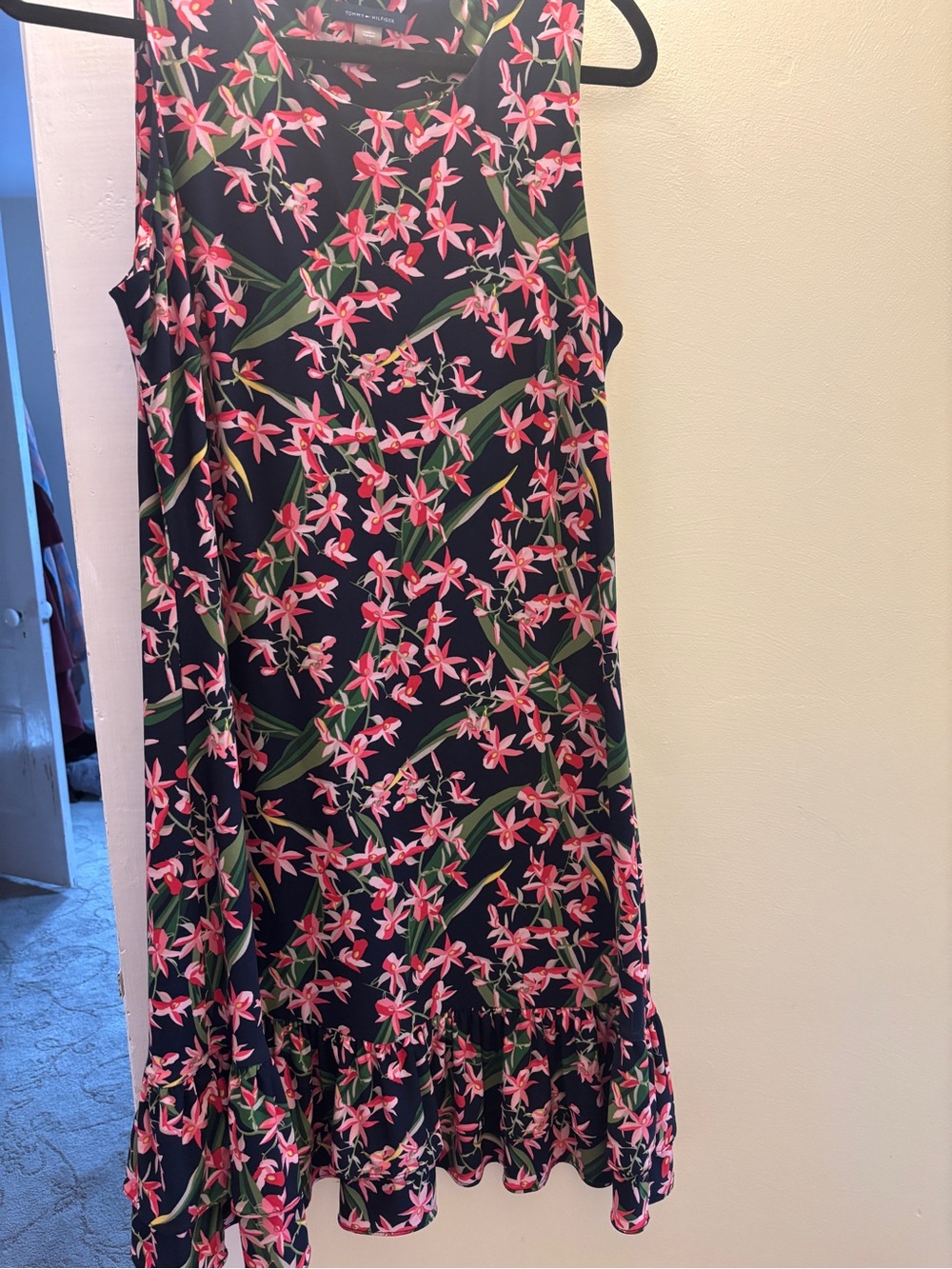 Tommy Hilfiger Navy Sleeveless Midi Dress with Pink Floral Print